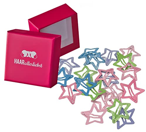 Haarallerliebst Haarspangen klein für Kinder – 20 Stück Stern förmig mit Glitzer in bunt (3 cm) inkl. Aufbewahrungsbox – Ideal für dünnes, feines Haar