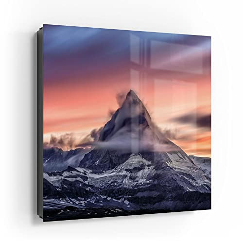 DEQORI Schlüsselkasten schwarz | 30x30 cm | Motiv Sonnenaufgang Matterhorn | Glas & Metall Schlüssel-Box | Schlüsselschrank mit 50 Haken + 2 Magnete | Moderne Box magnetisch & beschreibbar