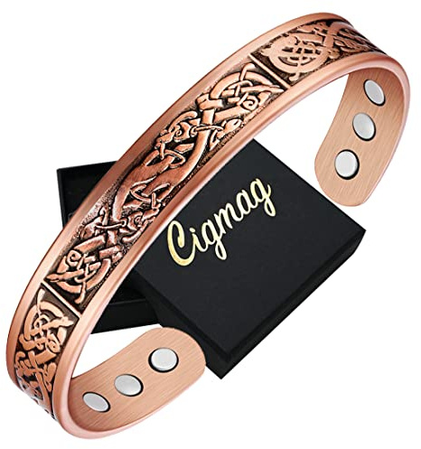 Cigmag Copper Magnetic Bracelets for Men Ultra Strength Magnet Solid Pure Copper Cuff Bangles Adjustable with Present Box (Copper Viking Ireland Pattern)