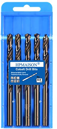 HPMAISON 5 brocas de cobalto HSS, 8 mm, M35, juego de brocas en espiral para taladrar en acero inoxidable, acero duro, metal, cobre, hierro fundido, madera, plástico