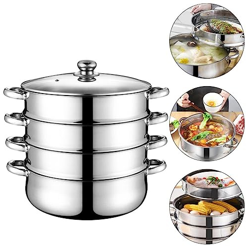 Cabilock Stainless Steel Four-Layer Steamer Soup Cooking Pot 28cm Deep Induction Compatible Stockpot for Home Cooking