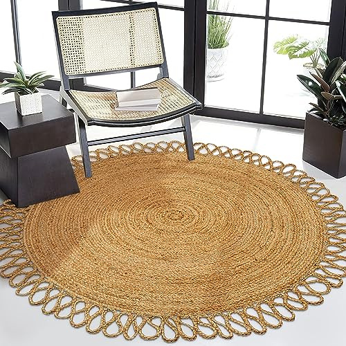 RIANGI Hand Woven Braided Jute Rug - 5' Round - Reversible Farmhouse Dining Room Rug, Living Room, Bedroom, Kitchen - Natural Decorative Floor Boho Entry Area Rugs - Round Area Rugs 5ft