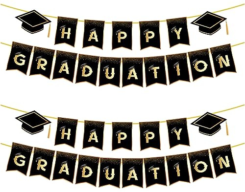 SKHAOVS Banner, 2 Stück, Dekoration, Abschlussfeier, Partyzubehör, Happy Graduation für Party, Hochzeit, Abschlussfeier (schwarz)
