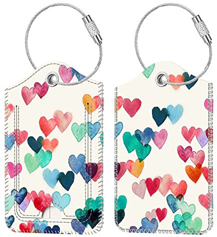 [2 Stück] Fintie Kofferanhänger mit Adressschild, Kunstleder Gepäckanhänger ID Etikett mit Edelstahl Drahtseil und Namenschild für Reisetasche Koffer, Herzregen