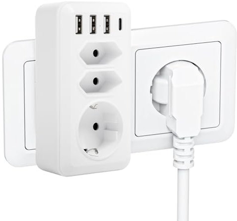 Jadeshay Mehrfachstecker Steckdosenadapter, 7-in-1 Mehrfachsteckdose Ohne Kabel, Doppelstecker für Steckdose Mit 2 Euro(4000W 250V/16A) und 1 Schukostecker, 3 USB Steckdose und 1 Typ-C (5V/3A)