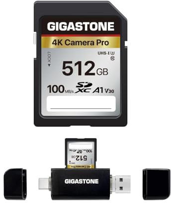 【5 Jahre kostenlose Datenrettung】 GIGASTONE 512GB SDXC Speicherkarte mit USB-Typ-C-Kartenleser, 4K Kamera Pro, bis zu 100 MB/s, mit Digitalkameras von Canon Olympus, A1 V30 UHS-I U3 Klasse 10
