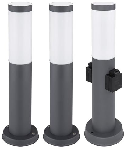 Stehlampe Außenleuchte mit Steckdose Edelstahl Sockellampe Gartenlampe Wegeleuchte, anthrazit, E27 Fassung, DxH 12,7x45 cm, 3er Set