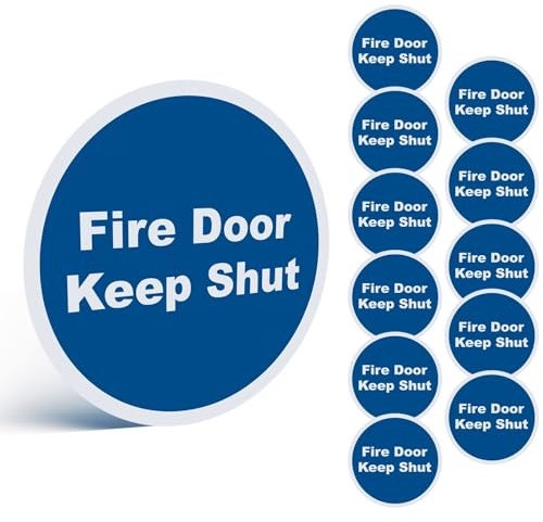 12 Pack Fire Door Keep Shut Sign – 80mm Round Self-Adhesive Safety Stickers, BS5499 & EN7010 Compliant, Waterproof Vinyl, Easy to Apply, for Offices, Schools, Factories & Public Buildings