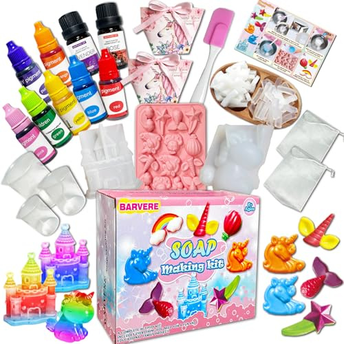 BARVERE Seife Selber Machen, 500g Seife, 16 Formen, 7 Pigment, 2 Essentielle Öle, 2 Geschenktasche, DIY-Werkzeuge, Seifen Selber Machen Set Erwachsene, Geburtstag Geschenk (Einhorn)
