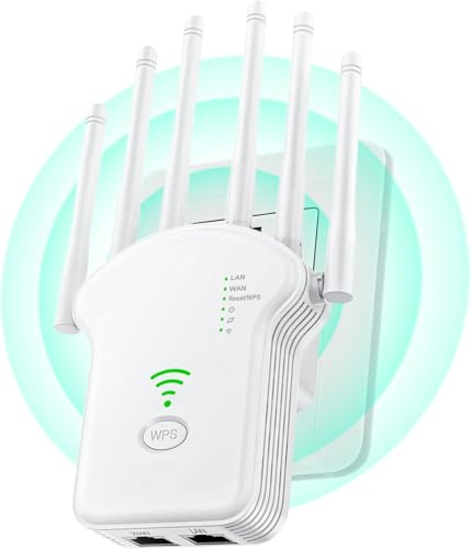Repetidor WiFi,Amplificador señal WiFi Potente,6 Antenas,2 Puertos LAN,Cobertura Total de 360°,Cobertura de hasta 11800Sq.Ft,repetidor WiFi Largo Alcanc,para oficinas y hogares,Easy Set up U13