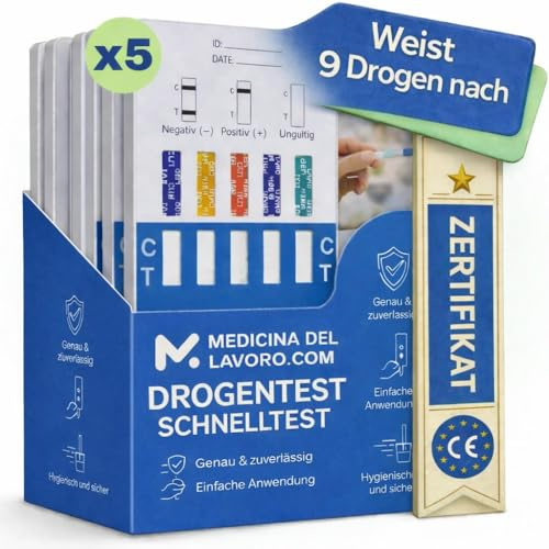 5x 9in1 Drogentest Urin Schnelltest – Multi Drug Test Urine Kit für THC, Kokain, Amphetamine, Opiate und weitere Substanzen – Zuverlässige Ergebnisse, 5 Tests