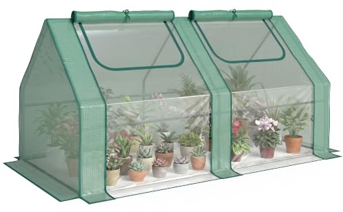 Outsunny Invernadero Pequeño Invernadero de Exterior con Cubierta Doble Ventanas y Marco de Acero Cubiertas de PE 140g/㎡ y de PVC para Cultivar Tomates Plantas Flores 180x90x90 cm Verde