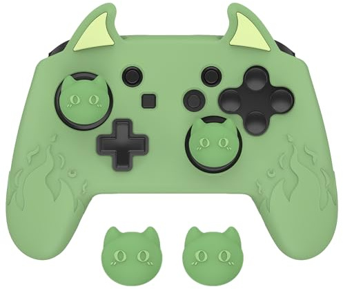 playvital Cute Demon Silicone Grip Cover for Nintendo Switch Pro Controller, Anti-Slip, Kawaii Protective Skin with Joystick Caps and Stickers – Compatible with Nintendo Switch Pro- Matcha Green