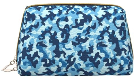 Bolsa de maquillaje de cuero, bolsa de maquillaje de camuflaje azul, bolsa de aseo de viaje para mujeres, bolsa de maquillaje, organizador de bolsa de maquillaje de gran capacidad, bonita bolsa de