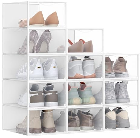 SONGMICS Boîtes à Chaussures, Organisateurs en Plastique, avec Porte, Lot de 12, Empilables, Montage Facile, 33,2 x 23 x 14,5 cm, pour Pointure jusqu'à 43, Transparentes et Blanc Nuage LSP312W01
