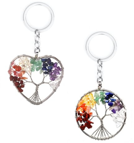 Hugwish 2pcs Albero Della Vita Portachiavi, Portachiavi L Albero Della Vita In Pietra Naturale A 7 Chakra Per Amanti Amici Madri