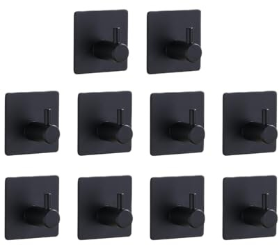 TECBULL® 10 Edelstahl Klebehaken massiv V1 - Schwarz (matt), Handtuchhaken Bad selbstklebend, Handtuchhalter ohne Bohren, hochwertige Handtuch Haken, Wandhaken, rostbeständig