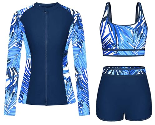 Trajes de baño de 3 piezas con protección solar UV UPF 50+ para mujer, traje de baño de manga larga, traje de baño modesto, bikini con cremallera, conjunto de bikini de surf, traje de baño con