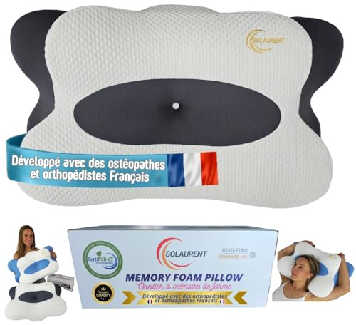 SOLAURENT Oreiller Ergonomique Cervical - Orthopédique - Oreiller - Mémoire de Forme - Coussin Ergonomique Cervical - Oekotex - Certi-Pur - Toutes Positions