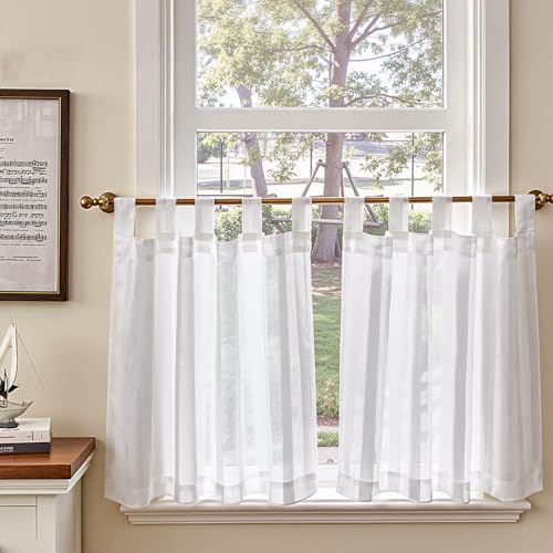 TOPICK Sheer Scheibengardinen 2er Set H 60 x B 90 (cm) Weiß mit Schlaufen Transparent Bistrogadine Landhaus Streifen Voile Küchenvorhang Gestreift Küchengardinen Paarig für Badezimmer Klein Fenster