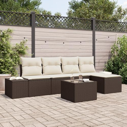 vidaXL Garten-Sofa-Set mit Kissen 5 pcs Braun und Creme Poly-Rattan, Garten und Terrasse, modernes Lounge-Set, rechteckige Outdoor-Möbel, moduler Sofa mit Stauraum