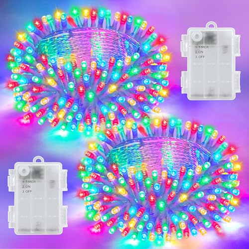 Dalugo 3M 30 LED Lichterkette Außen Batterie, Mehrfarbig Lichterkette mit 6h Timer, 2 Stück IP65 Wasserdicht Batterie Timer
