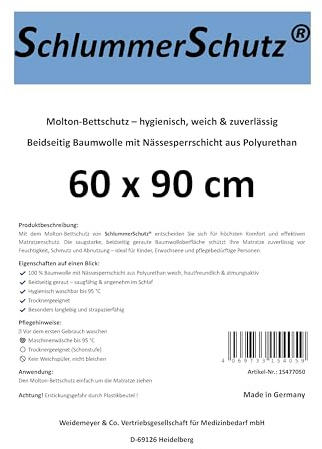 SchlummerSchutz® Molton Matratzenschutz mit Nässesperrschicht, Matratzenschoner aus 100% Baumwolle, Weiß, Waschbar, 60 x 90 cm