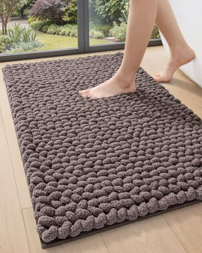 DEXI Bathroom Rugs 24x36, Non Slip Washable Bath Mat, Luxury Chenille Super Absorbent Ultra Thick Bathmats for Shower Floor, Plush Fluffy Shaggy Carpet for Tub, Brown