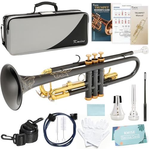 Kmise Bb Standard Trumpet, Premium Brass Trumpets for Student Beginner, Trumpet Instrument Set with Upgraded Case, 7C Mouthpiece, Mute, Beginner's Guide Kit, Cleaning Kit (Black & Gold)