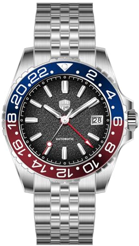 TAYSHILEY Montre automatique de plongée GMT en acier inoxydable pour homme, verre saphir, boîtier de 41 mm, mouvement TMI NH34, étanche à 100 m, fermoir déployant, montre de sport pour homme
