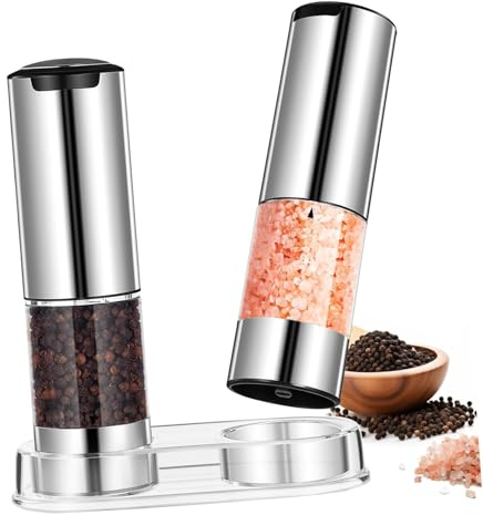 MUELODSIC 2 Pièces Moulin Électrique Rechargeable Acier Inoxydable Réglable pour Épices Fines et Grossières Set avec Base Batterie Intégrée pour Cuisine Pratique