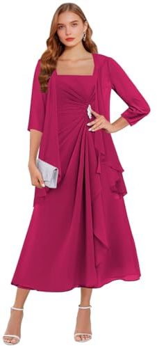 Vestido de gasa de 2 piezas para madre de la novia con chaqueta, longitud del té, volantes, formal, vestido de noche para invitados de boda, con mangas, fucsia, 56 Grande