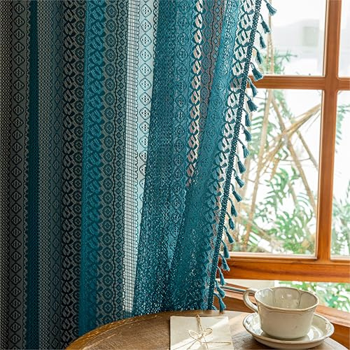 Sutuo Home Teal Boho Lace Curtains 72 inches long for Nursery Bedroom, Sheer Curtains Privacy Crochet Light Filtering Vintage Tassels Bohemian Strips Window Treatments Decor Rod Pocket, 2 Panels 50 W