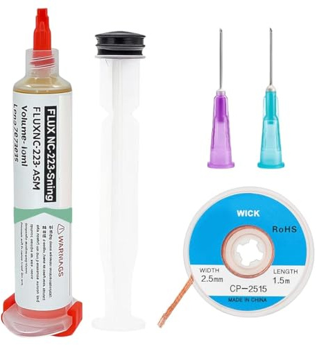 CFEWV Colofonia Pasta De Soldadura Fundente (Jeringa De 10 Cc) Con Hilo Desoldador (3 M/10 Pies 2,5 Mm) Para Kit De Reparación De Soldadura Electrónica, Fundente De Soldadura Trenza Desoldadora