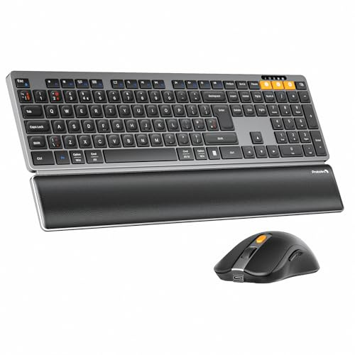 ProtoArc Teclado y mouse inalámbricos Bluetooth, teclado KM60 de tamaño completo con reposamuñecas, recargable, 2.4 GHz + Bluetooth dual, para laptop, PC, Mac, Windows, diseño QWERTY UK, gris espacial