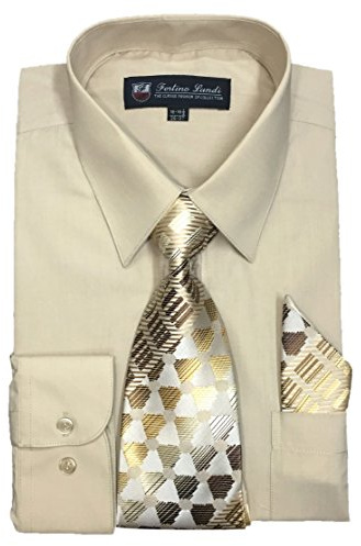 Fortino Landi Men's Long Sleeve Dress Shirt with Matching Tie and Handkerchief (19-19.5” Neck 36/37” Sleeve (XXXLarge), Sand)