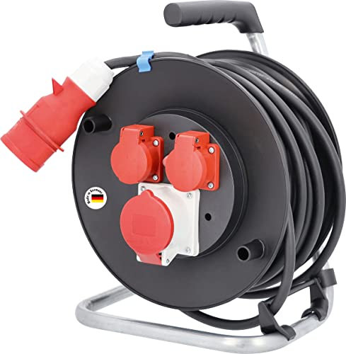 as - Schwabe CEE Starkstrom Kabeltrommel 25 m H07RN-F 5G1,5 Leitung, 2 Schutzkontaktsteckdosen 230V, 1 CEE-Steckdose 5-polig, 400V 16A, Klappdeckel, für den Außenbereich und Baustelle, Schwarz, 10155