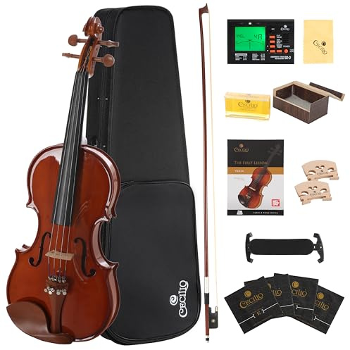 Cecilio 1/2 Size Natural Varnish Violin for Beginners, Hand-Carved Solid Spruce Top, Maple Back & Sides, Full Fiddle Kit with Hard Case, Bows, Rosin, Shoulder Rest, Lesson Book