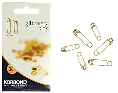 Korbond Gilt/Gold Safety Pins - 36 Pieces Assorted Sizes; 16mm & 22mm. Ideal for Delicate Fabrics, Discreet Pinning, Fastening, Securing Clothing, Crafting, Sewing, Pinning, Saree, Sari