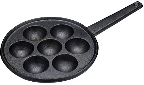 KitchenCraft Aebleskiver Pan with 7 Holes and Æbleskiver Recipe, Cast Iron, 20.5 cm, Black