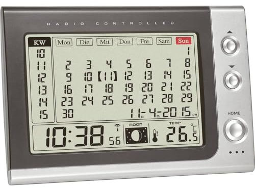 TFA Dostmann Funk Wecker mit Monatskalender, 60.2529.54, Anzeige der Innentemperatur/Mondphase, Kalenderfunktion, Tischkalender, Tischuhr, modern, Praktisch, grau