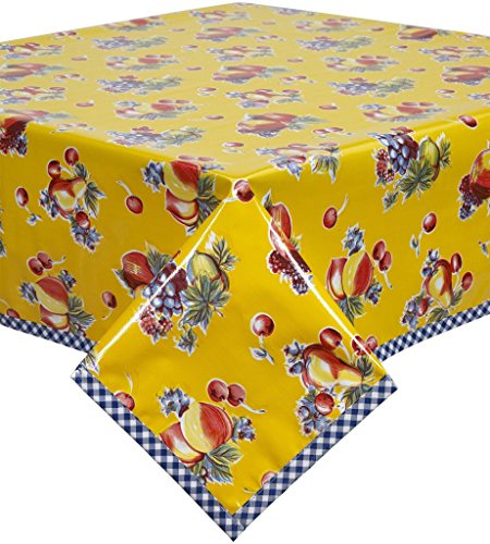 Freckled Sage Retro Yellow Oilcloth Tablecloths with Blue Gingham Trim (48x48 Square)