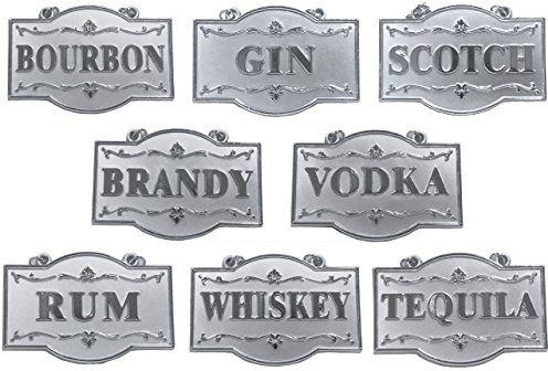 Amlong Plus - Set di etichette per liquori per bottiglie o decanter, colore argento, set di 8 con catena regolabile (Bourbon, Brandy, Gin, Rum, Scotch, Tequila, Vodka e Whiskey)