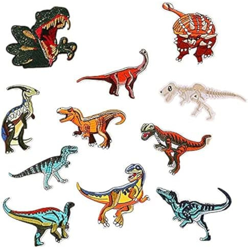 12 Dinosaurier-Patches, Aufnäher/Aufbügler, Stickerei-Applikation, für Kleidung