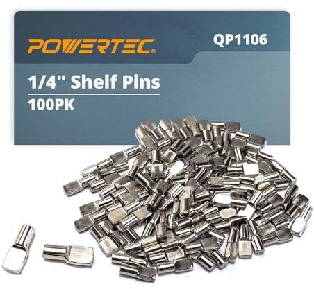 POWERTEC QP1106 1/4 Inch Shelf Pegs 100 pcs, Spoon Shaped Shelf Pins Support Pegs for Shelves, Kitchen Cabinet Shelf, Bookshelf, Closet and Furniture, Nickel Plated Shelf Holders Pegs