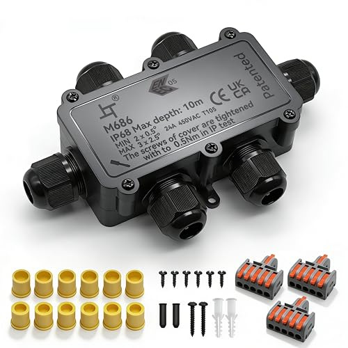 Verteilerdose, Abzweigdose, Junction Box, HUYU IP68 elektrische Außenverteilerdose, Erdkabel Anschlussdose, mit M20/PG9 verstellbaren Kabelverschraubungen, für Kabeldurchmesser Ø 5mm-12mm, 6-Wege