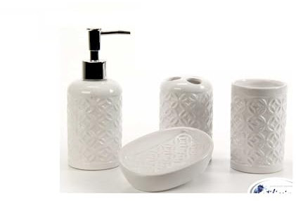 Gicos Set Accessori da Bagno in Ceramica 4 Pezzi, portaspazzolino, Dispenser Sapone,piattino Porta Sapone e Bicchiere da lavandino Colori Assortiti Bianco o Tortora Decoro Rombi PAM-783227