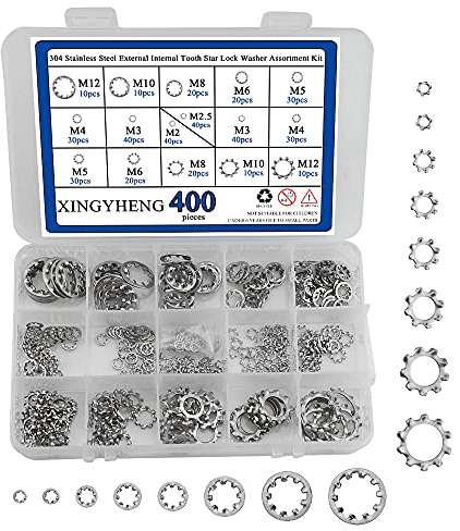 BGTXINGI 400 Stück 8 Größen 304 Edelstahl Externe Innenzahnung Sternsicherung Unterlegscheibe Sicherungsring Sicherungsring Sortiment Kit M2 M3 M4 M5 M6 M8 M10 M12