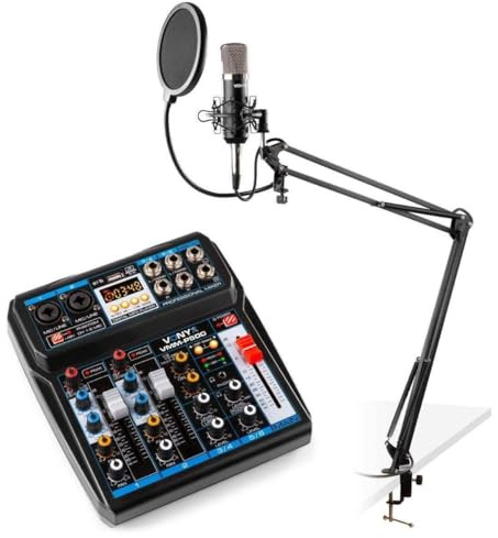 Vonyx Podcast-Starterkit mit USB-Mischpult mit Bluetooth, CMS400 Studiomikrofon, verstellbarem Mikrofonarm und Shockmount.