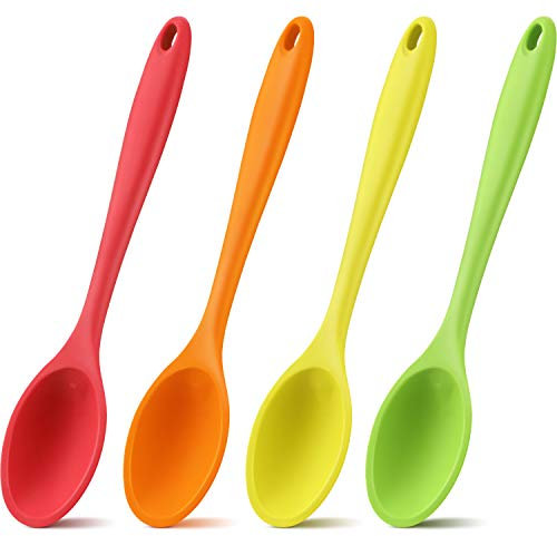 Shappy 4 Pieces Silicone Cooking Spoons 10.6 Inch Heat Resistant Kitchen Spoons for Mixing, Serving and Stirring Upgrade Large Non Stick Basting Utensils, Dishwasher Safe(Spoon,Bright Color)